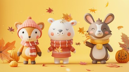3D animals dressed for autumn, with falling leaves, flat design illustration