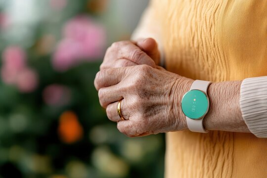 Tech-Assisted Aging: Senior Adjusting Wearable Fall Detector with Abstract Safety Visualization in Home Garden Setting - Powered by Adobe