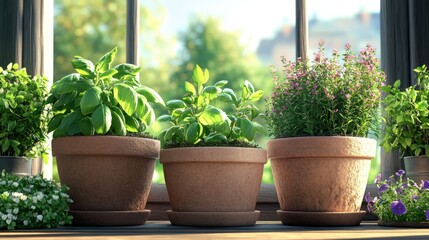 Fototapeta premium Lush Organic Herb Garden in Pots - Fresh Basil, Mint, Rosemary | 3D Illustration of Herbal Plants for Culinary Delights