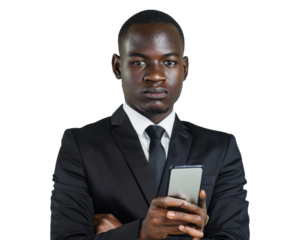 A young businessman from Sub-Saharan Africa, in a modern setting, holding a smartphone, symbolizing the promise and potential of African entrepreneurs.