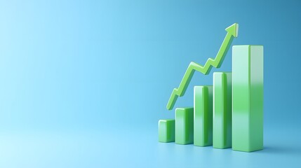 Green 3D bar graph rising on blue background, representing growth, success, and positive trends in business or finance.