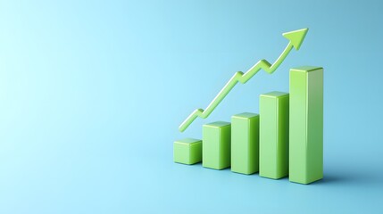Green 3D bar graph showing financial growth over a blue background, representing business success and positive economic progress.