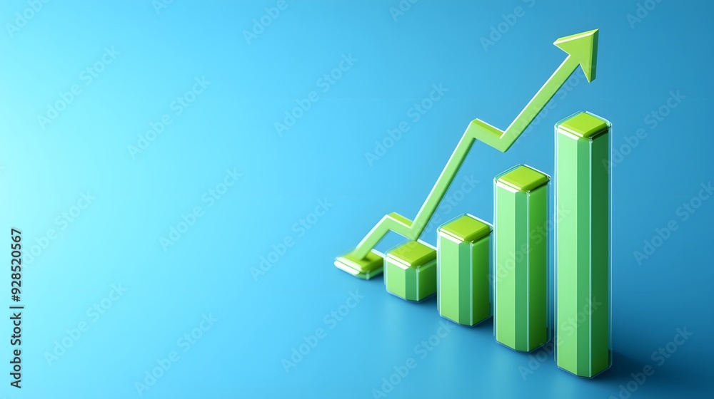 Wall mural green 3d bar graph with an upward arrow on a blue background symbolizing growth, progress, and succe