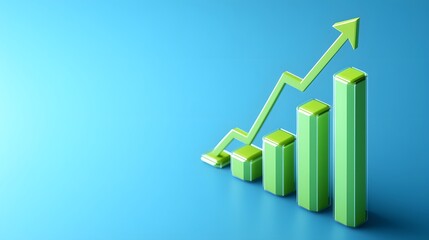 Green 3D bar graph with an upward arrow on a blue background symbolizing growth, progress, and success in business or finance.