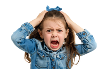 An upset little girl with an open-mouthed cry, holding her head with both hands.