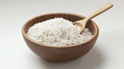 Fresh Organic Rice in a Bowl with Wooden Spoon - Realistic 3D Illustration of Healthy Food Ingredient