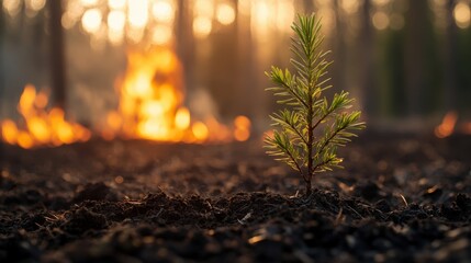 Obraz premium Renewal and Transition: Close-Up of Newly Planted Trees in Afforestation Scene with Earth-Toned Natural Lighting and Controlled Fire Background