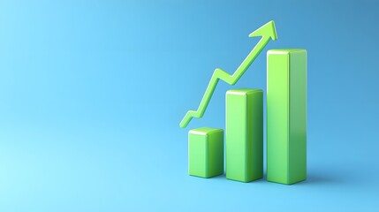 Green 3D bar graph with an upward arrow symbolizing growth and success against a blue background.
