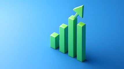 Green 3D bar graph with an upward arrow symbolizing business growth and success on a blue background.