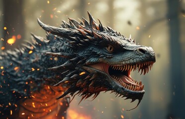 Close-up of a dragon breathing fire