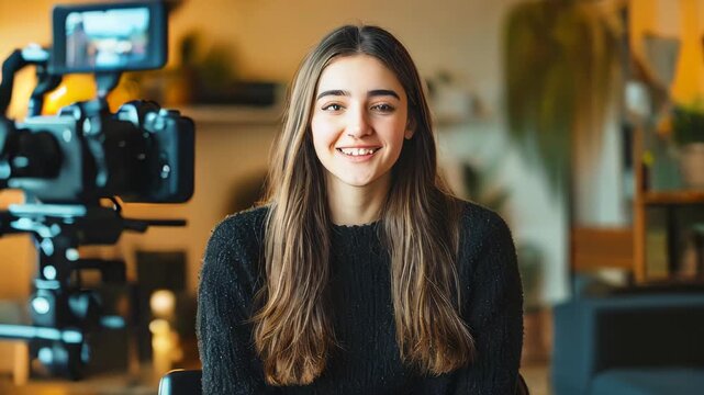 A smiling young woman sitting in front of the camera for a vlog