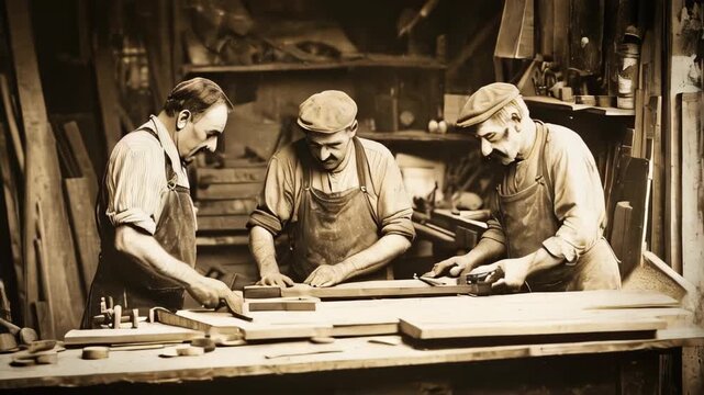 Vintage sepia image of workers in an old wood workshop