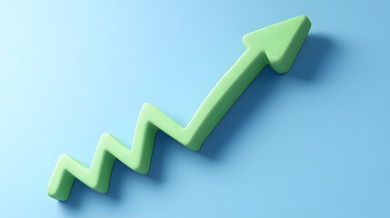 Green 3D zigzag arrow pointing upwards on a light blue background symbolizing growth, progress, and success in business or finance.