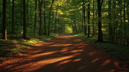 A dirt path winds through a lush green forest, dappled sunlight casting long shadows on the ground.