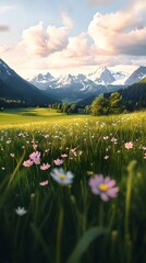 Fototapeta premium The endless meadows, distant mountains, and expansive sky emphasize the profound sense of human integration with nature.