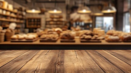 Wooden board empty table background. abstract blurred bakery shop background. Generative ai