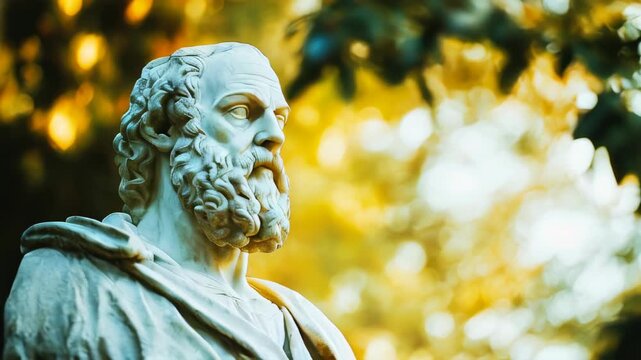 A white marble statue of Socrates, the ancient Greek philosopher