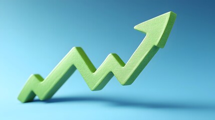 Green arrow in a zigzag upward trajectory on blue background symbolizing growth, success, and progress in business or finance.