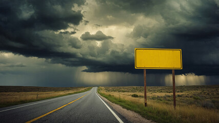 Yellow blank signpost on a country road with stormy sky in background over vast green field landscape.