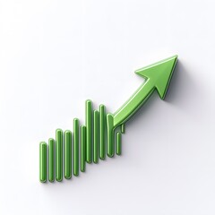 Green arrow pointing upward with vertical bars indicating growth, progress, success, or positive trend. White background.