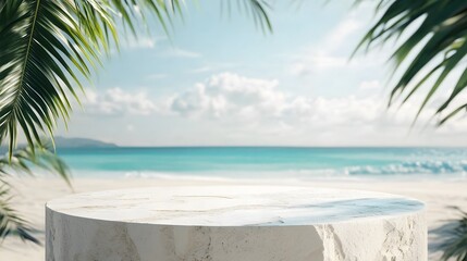 A white stone podium with ample copy space for product display, set against a tropical summer sand beach background.