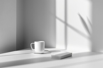 A single coffee cup sits on a white table, ready for use