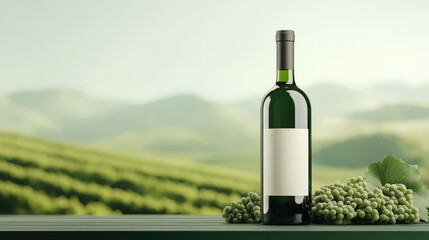 Isolated single bottle of red wine on blank green label in vineyard