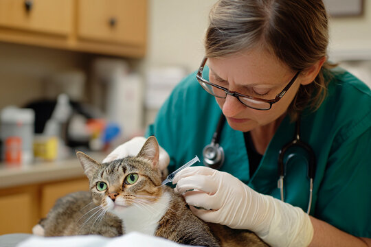 The cat gets vaccinated at the veterinary clinic