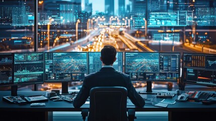 A smart city control center with multiple monitors displaying real-time data on traffic, energy consumption, and public safety, with AI-powered systems optimizing operations, and engineers monitoring