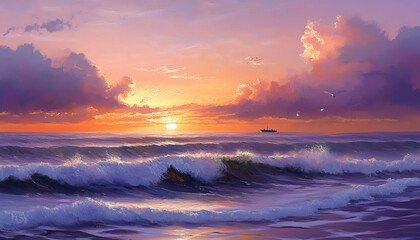 calming seascape with gentle waves rolling toward the shore at sunset. The sky is filled with warm hues of orange, pink, and purple, reflecting on the surface of the water