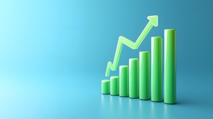 Green bar chart on a blue background with an upward trending arrow symbolizing growth, success, and progress in business and finance.
