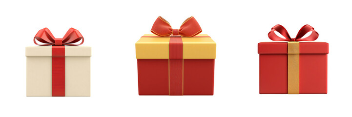 A gift box with ribbon Christmas present 3D illustration gold and red isolated on white and transparent background