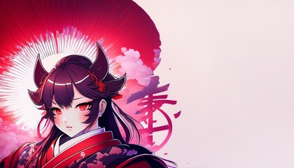 Traditional red and white Japanese patterns, modern manga characters, pink-purple light accents and space for text.
