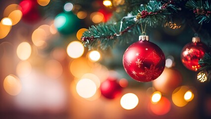 Christmas Tree With Baubles And Blurred Shiny Lights