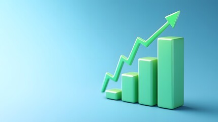 Green bar chart with a rising arrow on a blue background, symbolizing growth, success, and positive business trends.