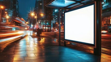A blank white billboard on the side of an urban bus stop at night, with city lights and passing cars creating motion blur in the background
