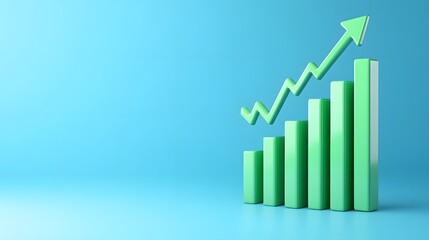 Green bar chart with an upward arrow on a blue background, symbolizing growth and success in business or finance.