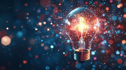 A creative concept visualized through a glowing lightbulb, surrounded by digital particles and holographic elements, symbolizing the power of innovation, imagination, and inspiration in driving