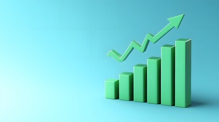 Green bar chart with an upward arrow on a blue background symbolizing growth and success in business and investment.