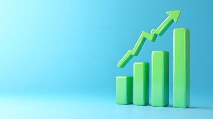 Green bar chart with an upward arrow symbolizing growth and progress against a blue background. Perfect for business and finance concepts.