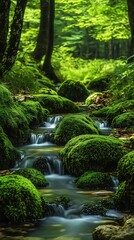 green mossy rocks with flowing water