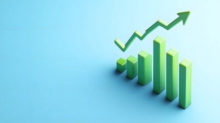 Green bar chart with arrow showing growth on a blue background. Concept of business success, performance increase, and financial gain.