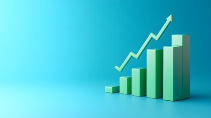 Green bar chart with arrow showing growth on blue background. Concept of business success, financial improvement, and positive trend.
