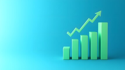 Green bar chart with growing trend arrow on blue background symbolizing business success and growth.