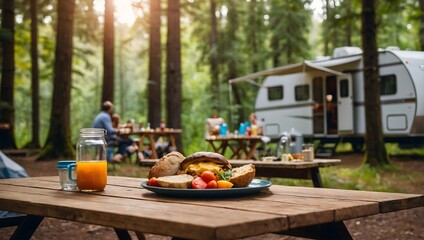 Fototapeta premium Camping picnic, food and drink on wooden table in front of travel trailer in forest nature. 