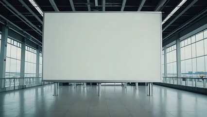 Blank billboard in a modern building with large windows.