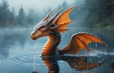 Dragon in water with forest backdrop