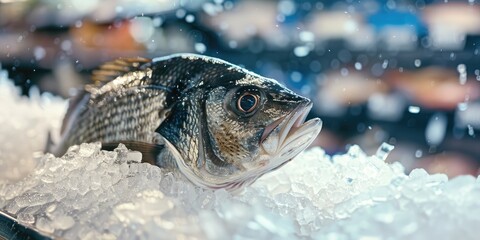 Obraz premium Close up of Sea Bass resting on shaved ice at refrigerated counter in supermarket Source of Omega Fatty Acids for a Healthy Diet Dicentrarchus labrax