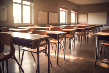 A classroom with desks and chairs and a whiteboard. The room is empty and the sun is shining through the windows