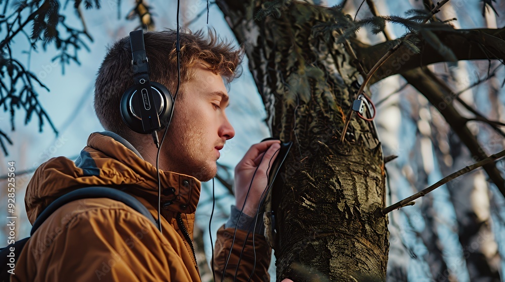 Wall mural young man in a brown jacket listening to music with headphones and looking at a tree trunk in the fo